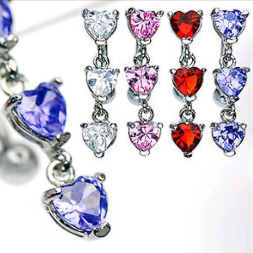 Reverse Heart Gem Dangle Belly Ring Navel Naval Clear, Pink, Red or Purple