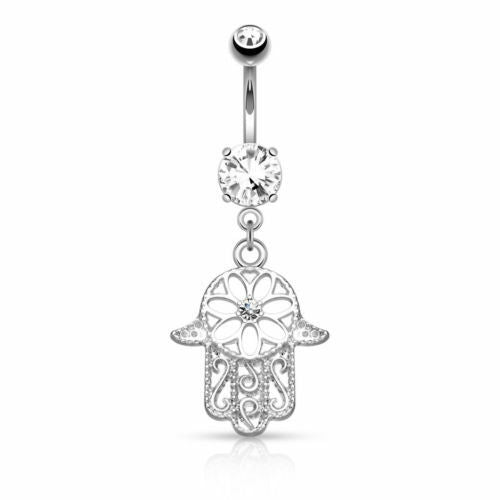 Beaded Outline Hamsa Belly Ring Gem CZ Dangle Pierced Navel Naval