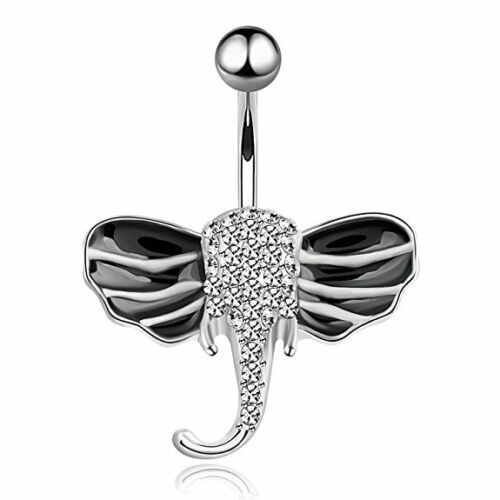 Elephant Belly Ring Pierced Navel Paved Gems Black Enamel Ears