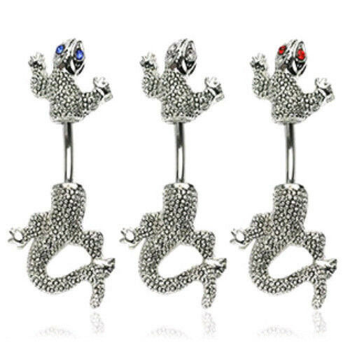 1pc Chameleon w/ CZ Gem Eye Belly Ring Navel Naval Lizard Clear, Red, Blue