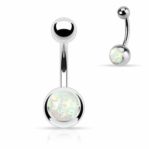 Solitaire Opal Glitter Gem Belly Ring 316L Surgical Steel Navel Naval