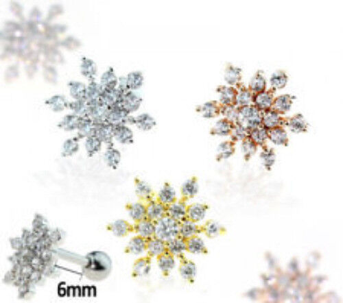 1pc Gem Paved Snowflake Surgical Steel Tragus Cartilage Barbell Ring 16g 1/4"