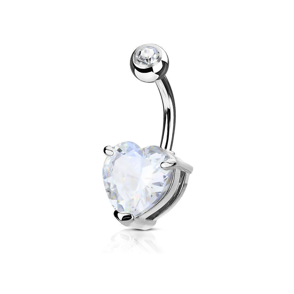 1pc Double Gemmed Heart CZ Gem Prong Set Solitaire Belly Ring Navel Naval