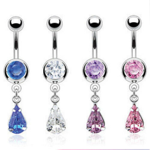 1pc Teardrop CZ Gem Dangle Belly Ring Navel Naval Clear, Pink, Blue, Light Purple