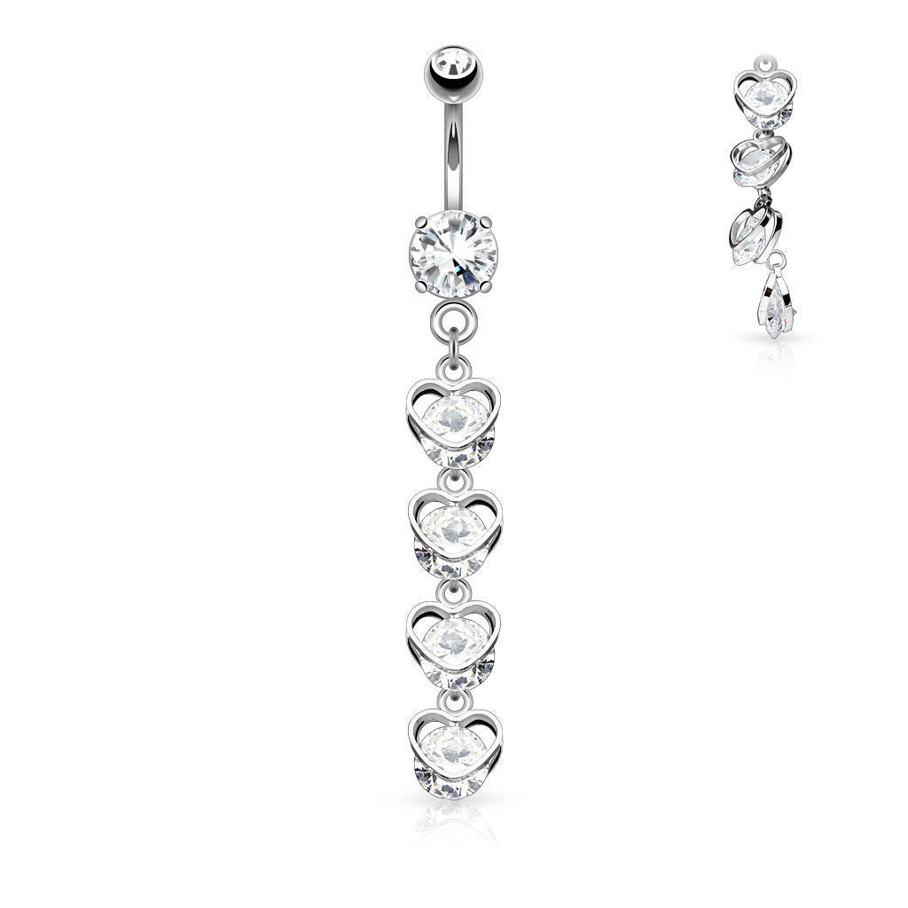 1pc Four Vertical Drop CZ Set Hearts Belly Ring Navel Naval