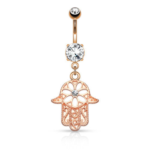 Beaded Outline Hamsa Belly Ring Gem CZ Dangle Pierced Navel Naval