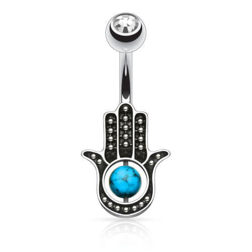 Hamsa Belly Ring w/ Turquoise Center Bead Pierced Navel Naval