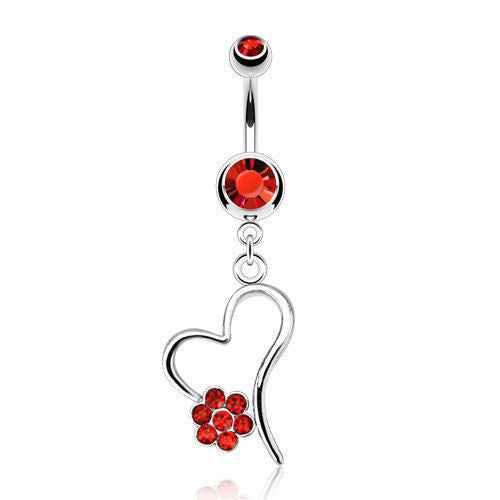 1pc Hollow Heart w/CZ Gem Paved Flower Dangle Belly Ring Navel Naval