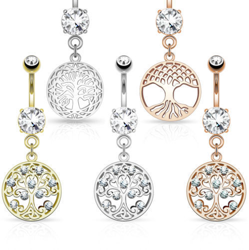 1pc Tree of Life Dangle w/Round CZ Pierced Belly Navel Naval Ring