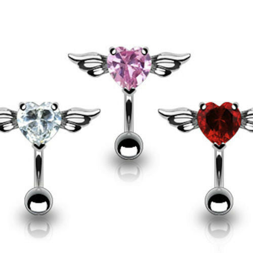 Reverse Heart Wings CZ Gem Belly Ring Navel Naval Clear, Pink, Red