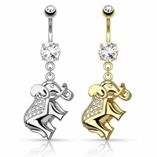 1pc CZ Gem Paved Elephant Dangle Belly Ring Pierced Navel Naval