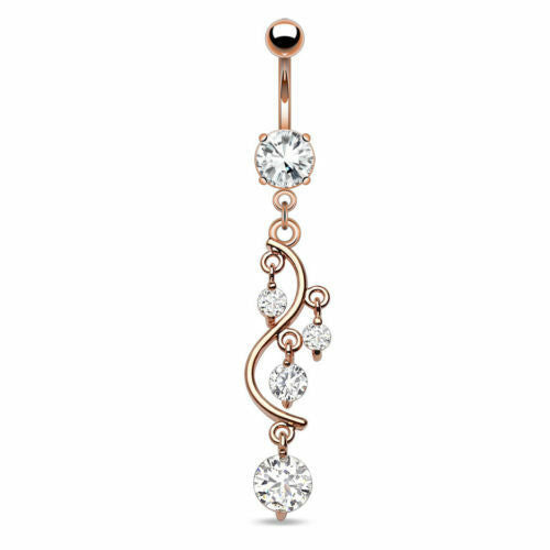 Rose Gold Plated Vine Belly Ring Pierced Navel Dangle CZ Gems