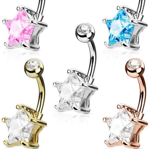 1pc Double Gemmed Star CZ Gem Prong Set Solitaire Belly Ring Navel Naval