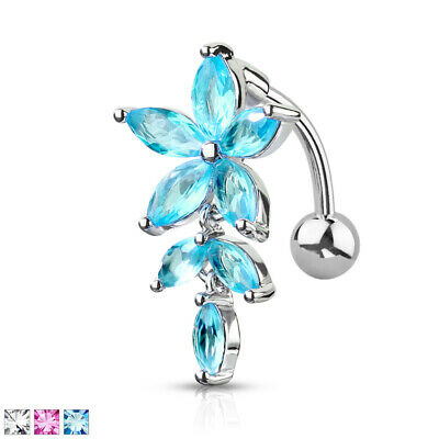 1pc Marquise CZ Gem Flower & Vine Belly Ring Top Drop Reverse Naval Navel