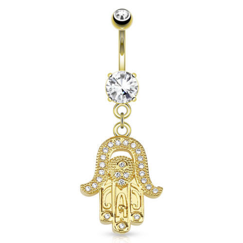 14k Gold Plated Hamsa Belly Ring CZ Gem Paved Dangle Pierced Navel Naval