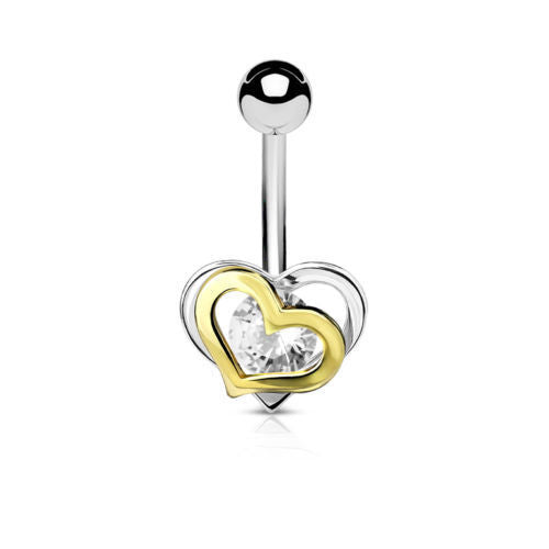 Gold and Steel Two Toned Double Heart with Gem Belly Ring Naval Navel