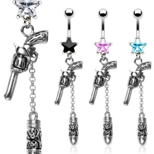 Revolver Gun Skull Carved Bullet Belly Ring Pierced Navel Prong Set Star CZ Gem