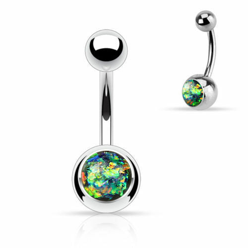 Solitaire Opal Glitter Gem Belly Ring 316L Surgical Steel Navel Naval