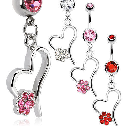 1pc Hollow Heart w/CZ Gem Paved Flower Dangle Belly Ring Navel Naval