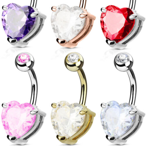 1pc Double Gemmed Heart CZ Gem Prong Set Solitaire Belly Ring Navel Naval