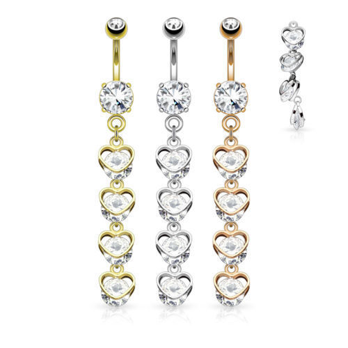1pc Four Vertical Drop CZ Set Hearts Belly Ring Navel Naval