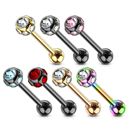 1pc Multiple Gem Set Ball Tongue Ring IP Steel Barbell Tounge 14g 5/8 (16mm)