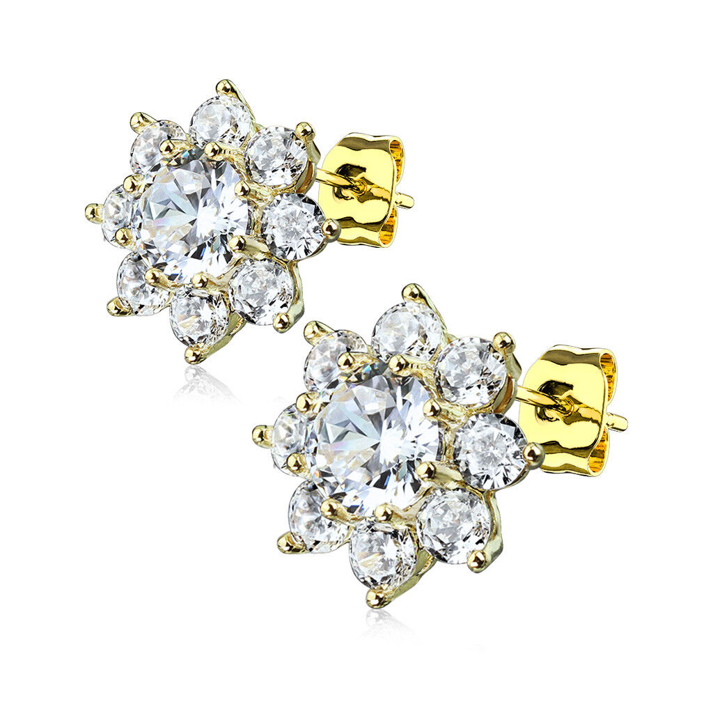 PAIR of Round CZ Flower 316L Surgical Steel Post 20g Earrings Studs