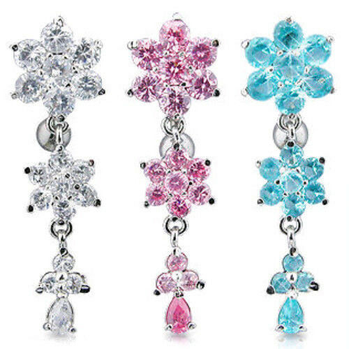 Reverse Triple Flower CZ Gem Dangle Belly Ring Navel Naval Clear, PInk, Aqua