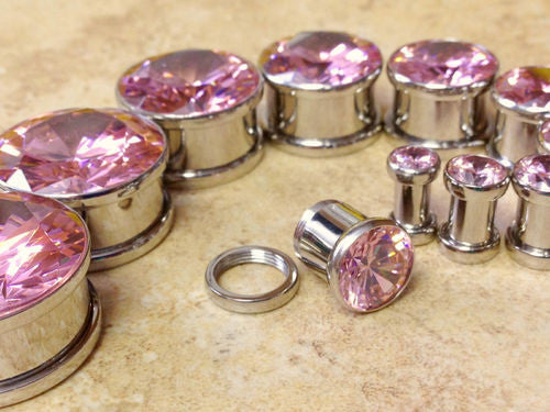 Large Pink CZ Gem Plugs - PAIR