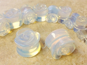 Carved Rose Opalite Stone Plugs - by the pair