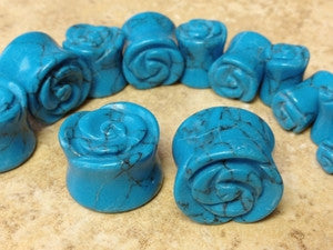 Carved Rose Turquoise Stone Plugs - by the pair