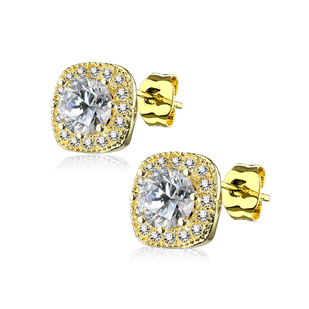 PAIR of Large Round CZ Centered Square 316L Surgical Steel 20g Earrings