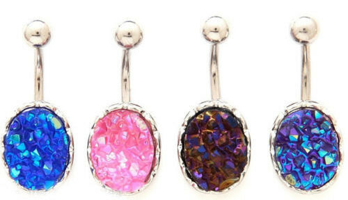 Rough Cut Druzy Stone Iridescent Navel Ring Naval Belly Button Body Jewelry