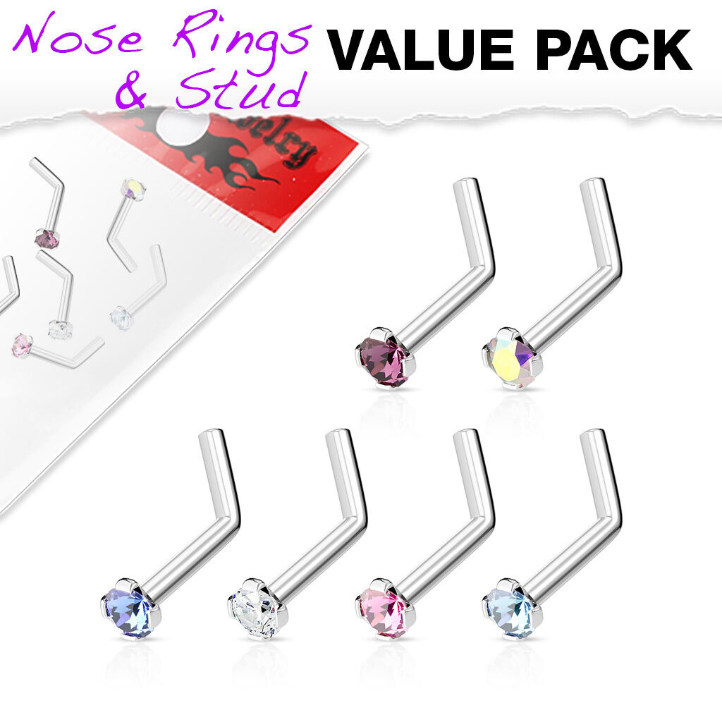 6pc Value Pack Prong Set Gem Surgical Steel L-Bend Nose Rings- choose 18g or 20g