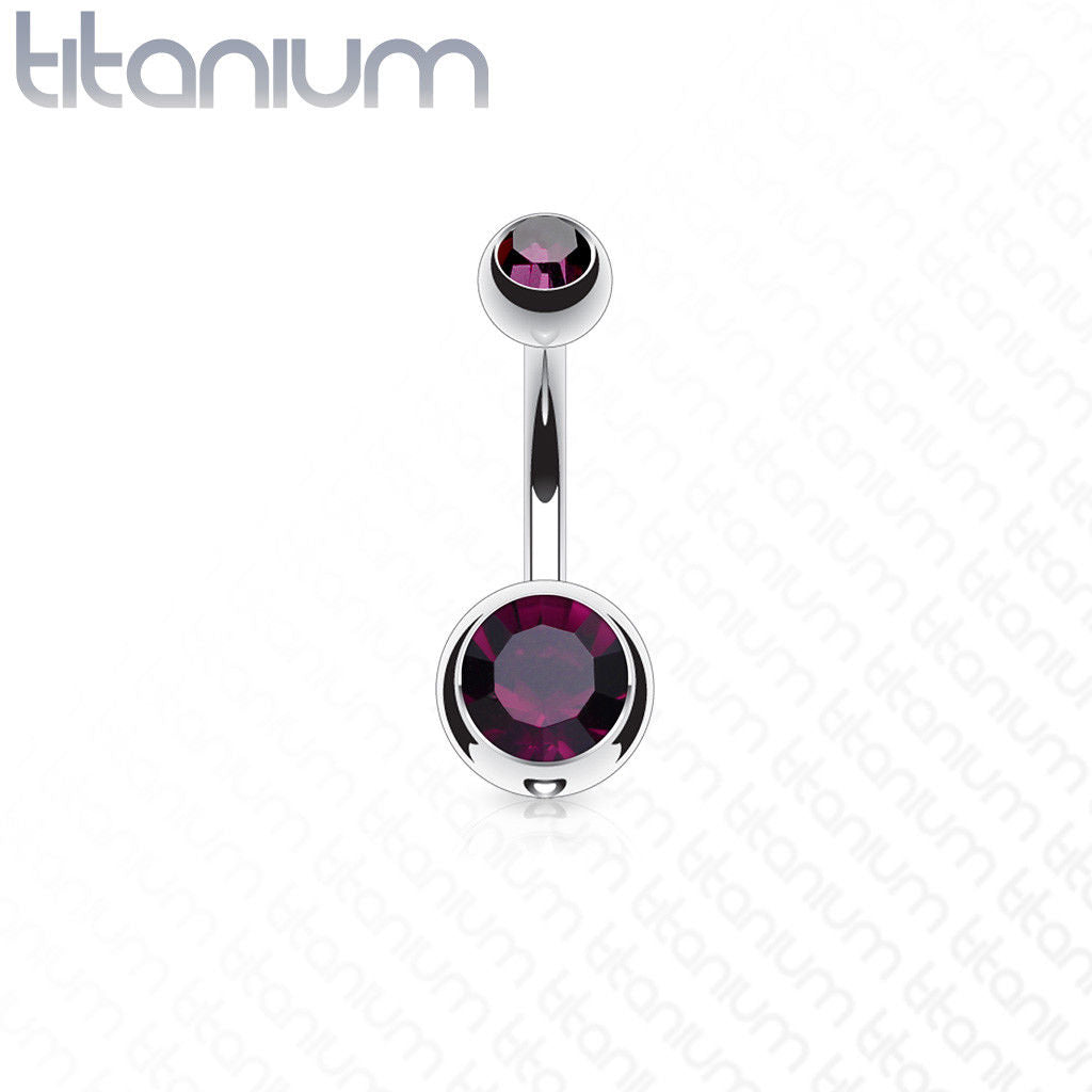 Solid Titanium Double CZ Gem Ball Belly Ring Pierced Navel Naval