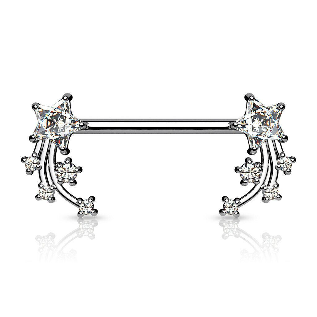PAIR CZ Gems Shooting Stars Nipple Rings Surgical Steel Barbells 14mm 14g