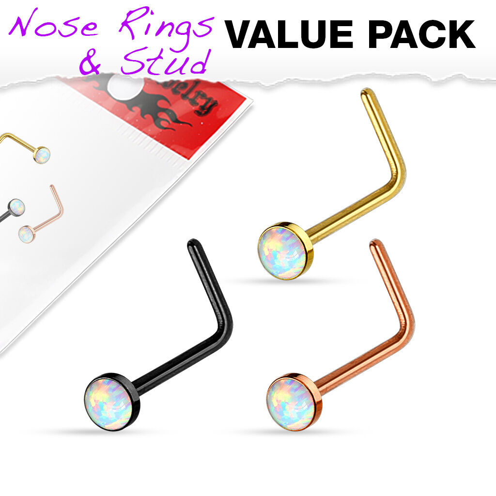 3pcs Value Pack Synthetic Opal Set 20g IP Nose Rings - choose Studs or L-Bend