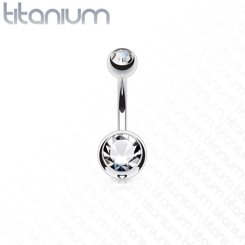 Solid Titanium Double CZ Gem Ball Belly Ring Pierced Navel Naval