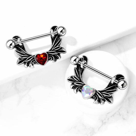 PAIR Crystal Heart Angel Wings Nipple Rings Shields 14g 14 gauge Body Jewelry