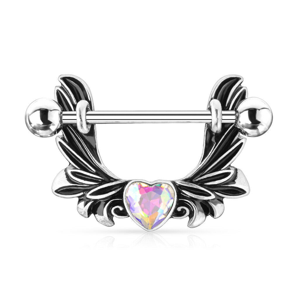 PAIR Crystal Heart Angel Wings Nipple Rings Shields 14g 14 gauge Body Jewelry