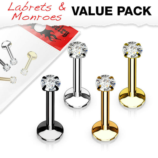 4pc Value Pack Internally Threaded Prong Set Round Gem Ion Plated Labrets