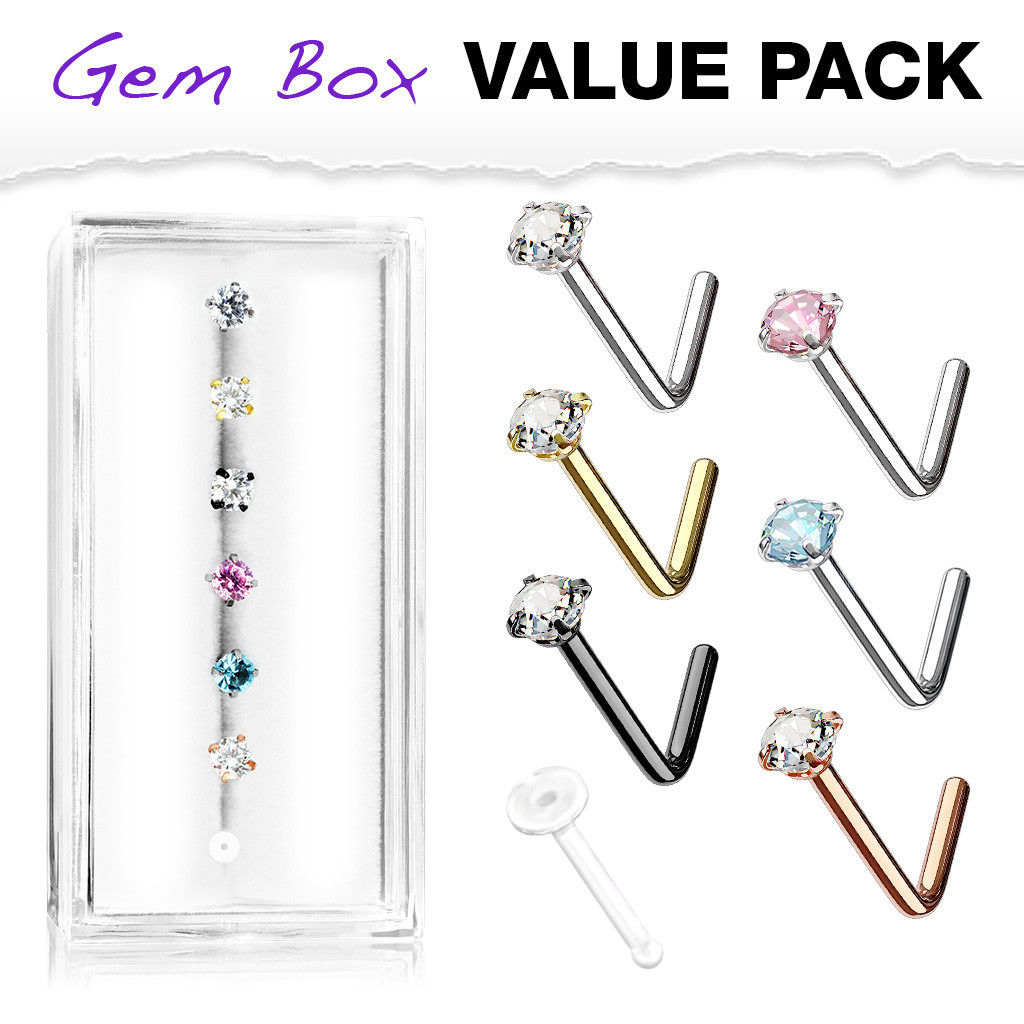 7pc Box Value Pack L-Bend CZ Gem 20g Steel Nose Rings, includes Retainer