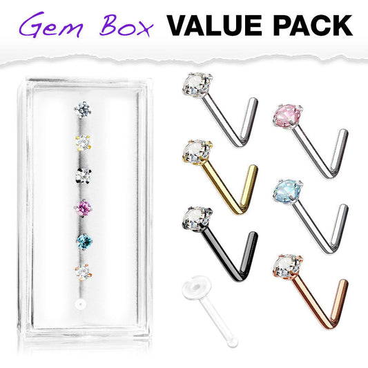 7pc Box Value Pack L-Bend CZ Gem 20g Steel Nose Rings, includes Retainer