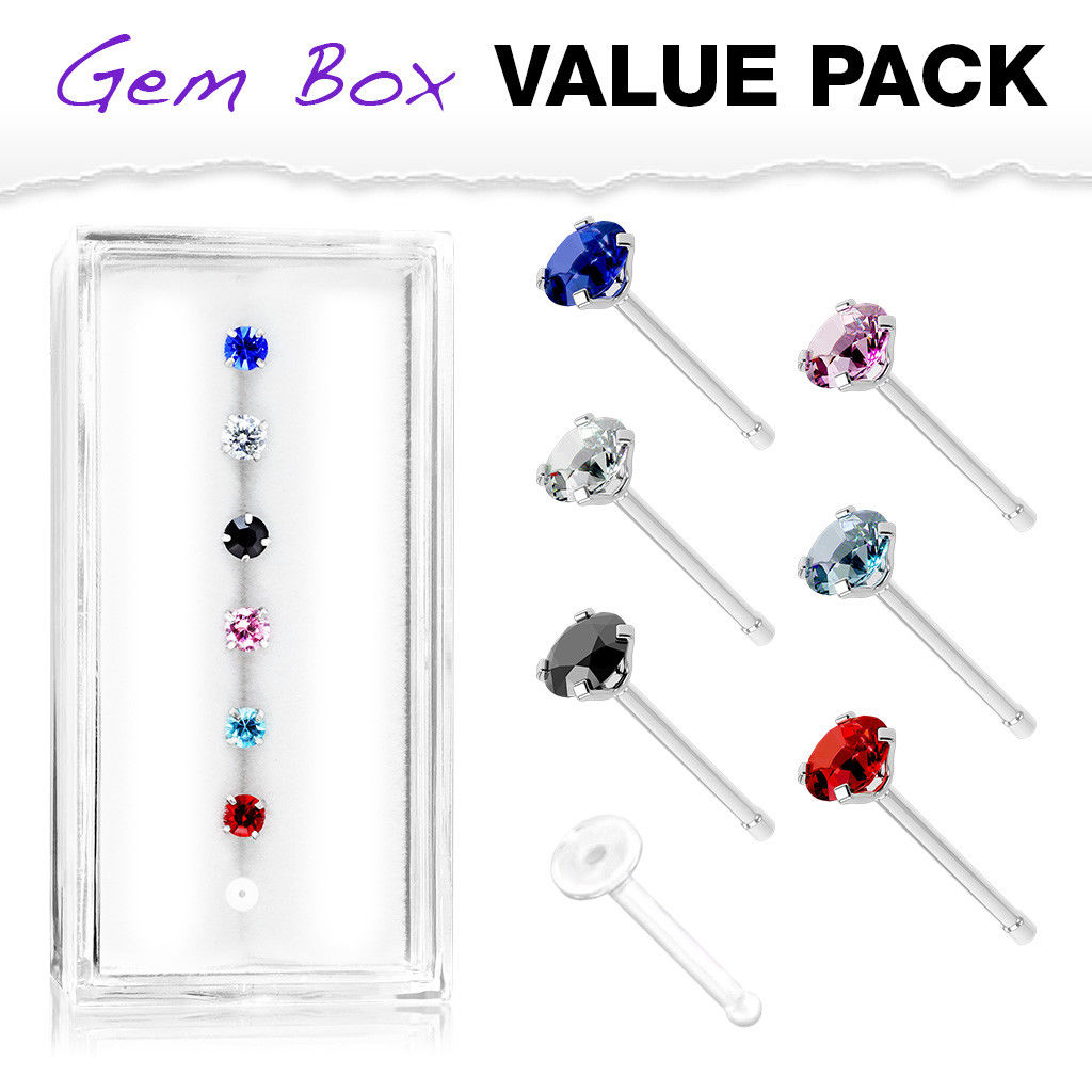 7pc Box Value Pack CZ Gem 20g Steel Nose Stud Bone Rings, includes Retainer