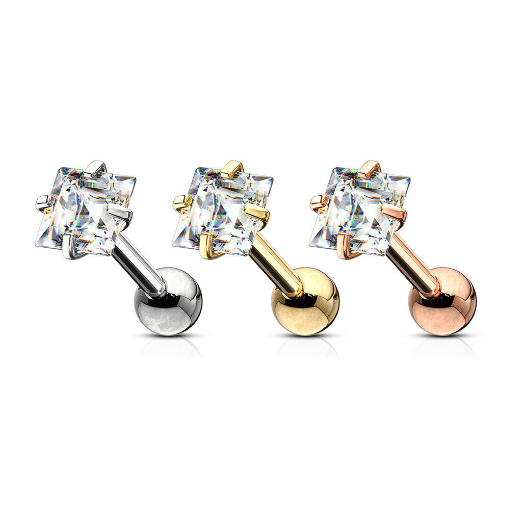3pc Value Pack Square CZ Gem Ion Plated Tragus Stud Helix Cartilage Ring Earring 16g 1/4"