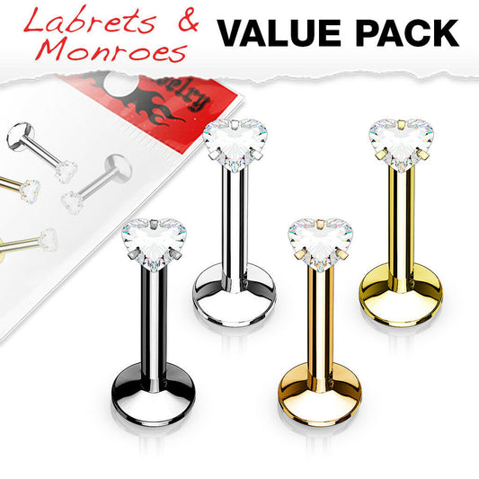 4pc Value Pack Internally Threaded Prong Set Heart Gem Ion Plated Labrets