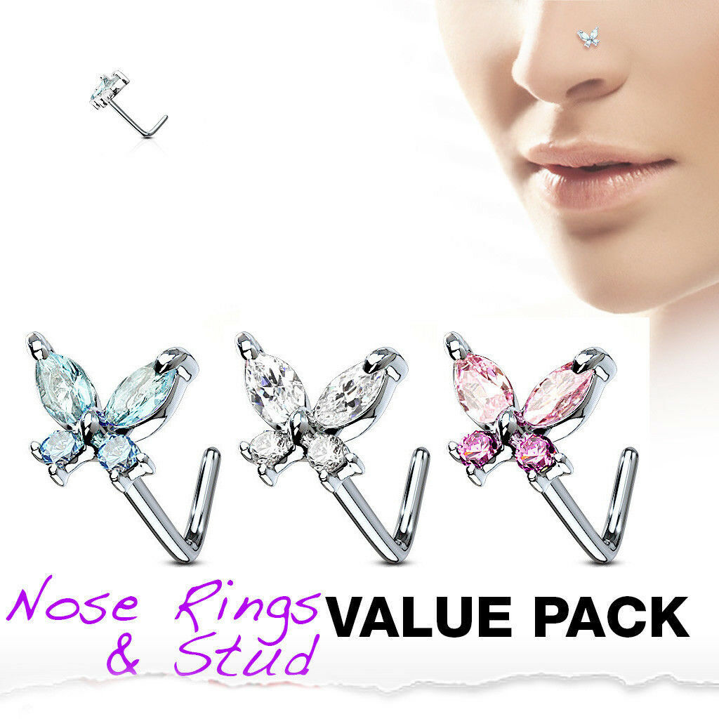 3pc Value Pack L-Bend CZ Gem Butterfly 20g Surgical Steel Nose Rings