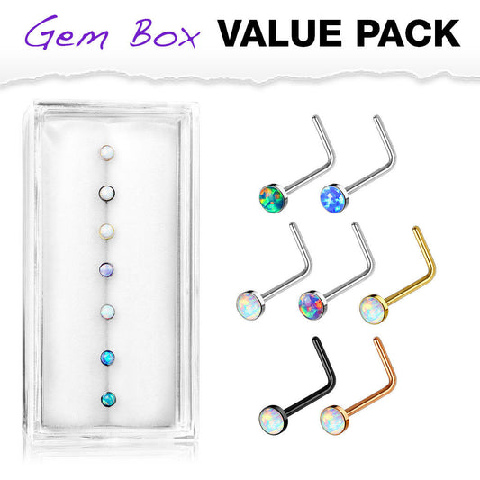7pc Box Value Pack Opal Set Gem 20g Steel L-Bend Nose Rings