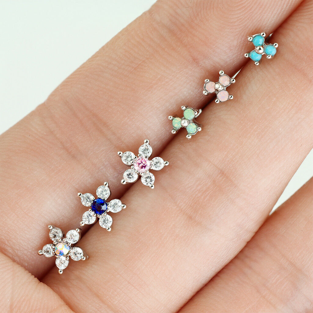 6pc Box Value Pack CZ Gem Flower & Opalite Triangle 20g Steel L-Bend Nose Rings