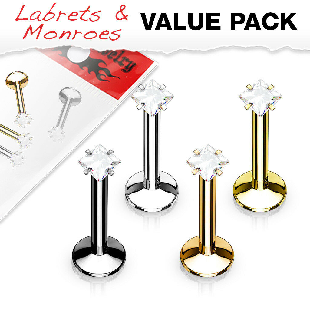 4pc Value Pack Internally Threaded Prong Set Square Gem Ion Plated Labrets